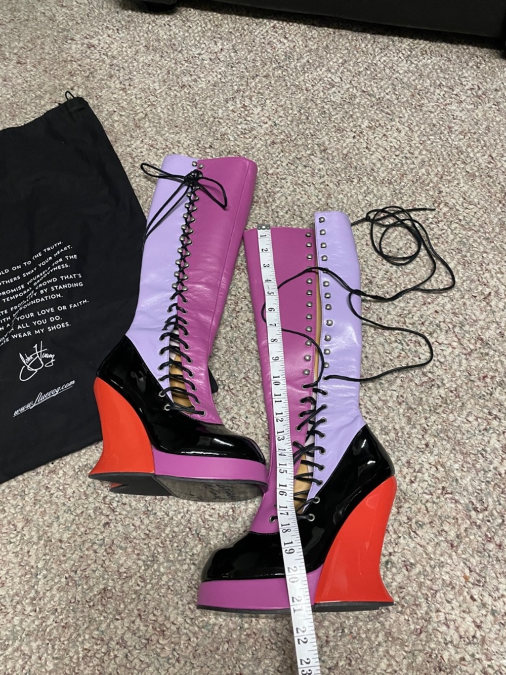 John fluevog grand national purple/Black Lace-Up Wedge Boots with Red Heel - Picture 4 of 11